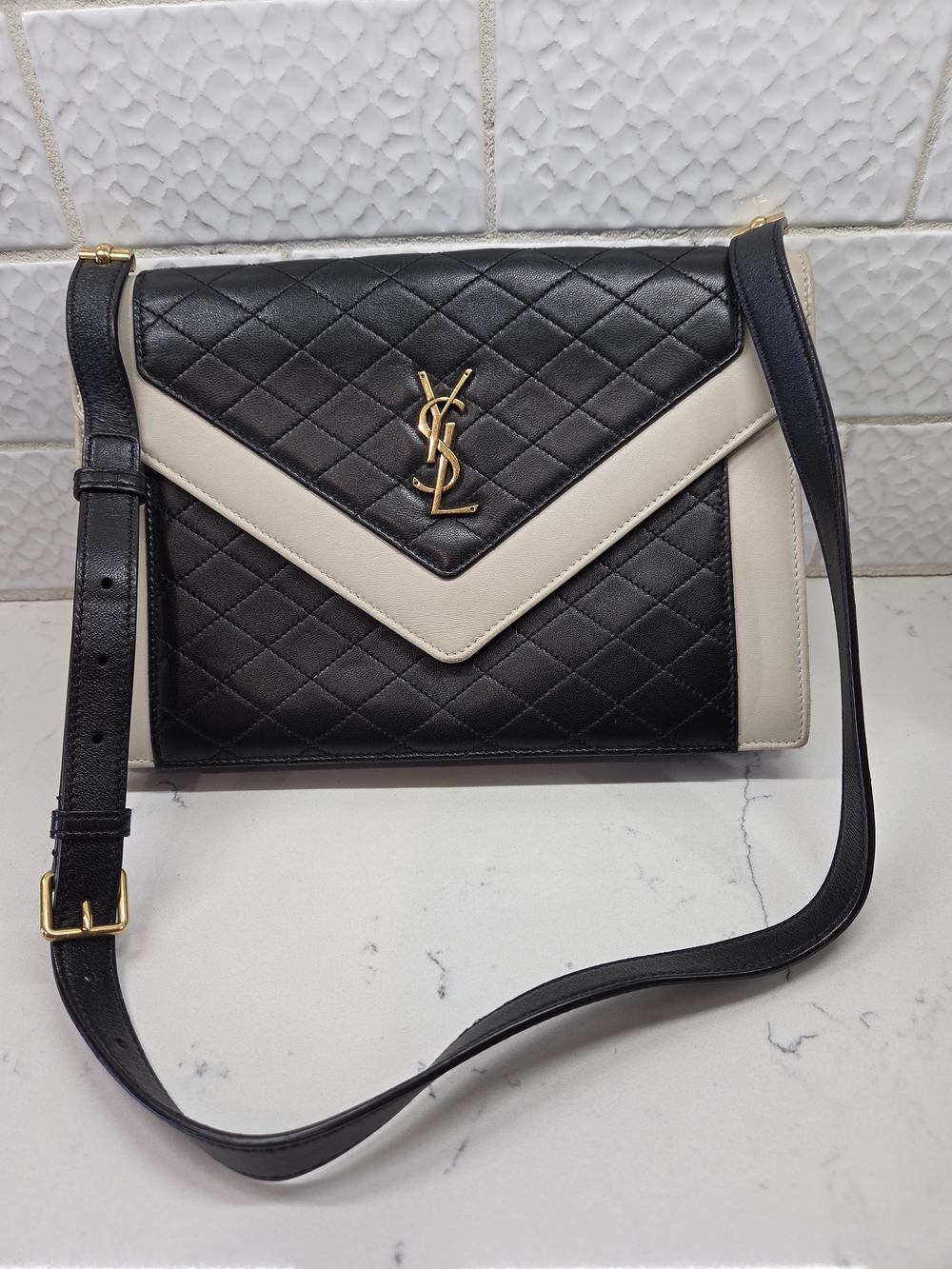 Saint Laurent Gaby Black and Cream Quilted Envelope Crossbody with Gold YSL